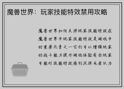 魔兽世界：玩家技能特效禁用攻略